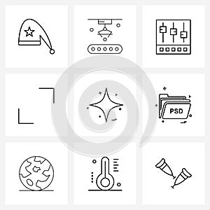 Line Icon Set of 9 Modern Symbols of file, shinning, equalize, star, expand photo