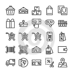 Line icon set online shopping, internet business commercial, discount promotion and shipping