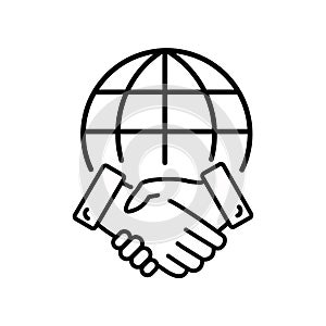 Line icon style business agreement. Hand shake with globe for deal contract, International partnership, Global business