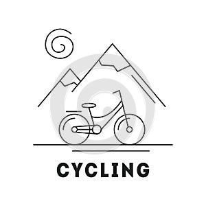 Line icon with summer holiday activity concept. Landscapes with mountains, sun and bicycle. Vector illustration