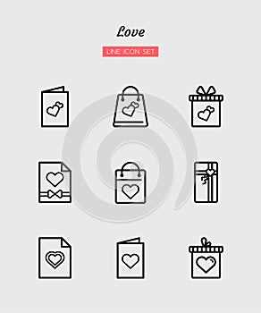 line icon symbol set, festival celebration, happy valentine`s day, heart love, gift, card, Isolated flat outline vector design