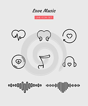 Line icon symbol set, weather music love, heart wave, sound, Isolated flat outline vector design