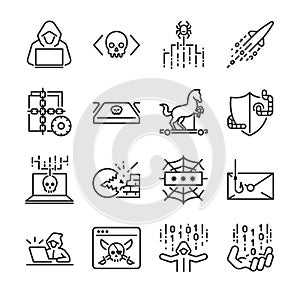Hacker icon set. Included the icons as hacking, malware, worm, spyware, computer virus, criminal and more. photo