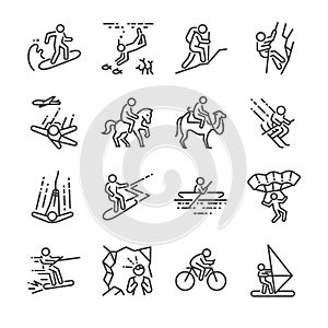 Travel activities line icon set. Included the icons as sailing, skiing, parachute, horse riding, biking, cycling and more. photo