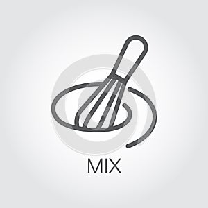 Line icon of whisk for mixing eggs, dough, sauce and other ingredients for cooking. Kitchen utensils outline label