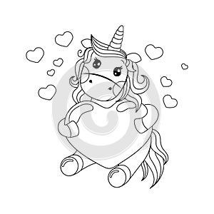 Line icone cute unicorn holding a red heart