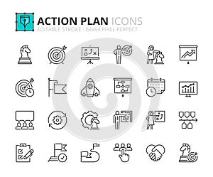 Line icons about action plan. Pixel perfect 64x64 and editable stroke