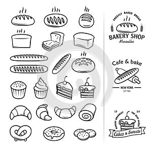 Line icons of bread and other products from which you can create a cool vintage logo for groceries, bakeries, cakery, shops