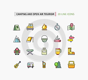 Line Icons Camping Equipment, Open Air Tourism
