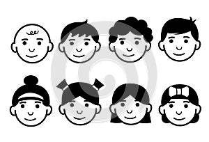 Line icons of childen of different ages and gender. Kids faces of happy boys and girls emoji set. Simple and cute isolated