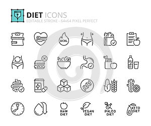 Simple set of outline icons about diet, healthy food