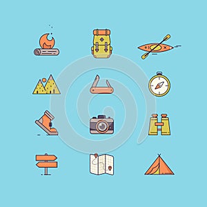 Line icons with flat design elements of survival tourism recreation, outdoor camping, travel and vacation.