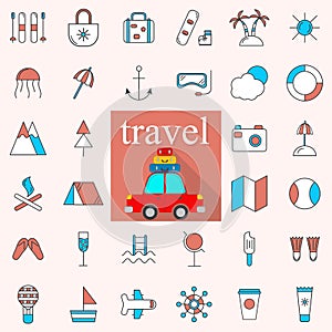 Line icons with flat design elements of tourism. Modern infographic vector logo pictogram collection concept.
