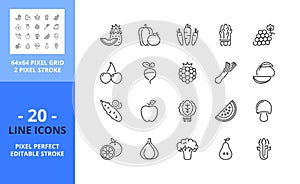 Line icons about fruit and vegetables. Pixel perfect 64x64 and editable stroke