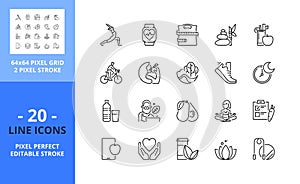 Line icons about healthy lifestyle. Health care concept. Pixel perfect 64x64 and editable stroke