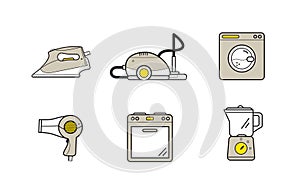 Line icons of home appliances, household cooking cleaning devices