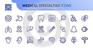 Simple set of outline icons about medical specialties. Health care photo