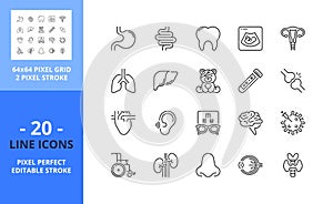 Line icons about medical specialties. Health care. Pixel perfect 64x64 and editable stroke