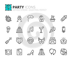 Line icons about party. Pixel perfect 64x64 and editable stroke