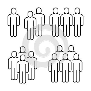 Line icons people. Business people groups. Communication, teamwork and human crowd. Black line pictogram illustration