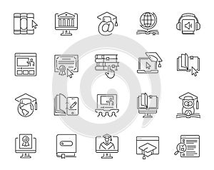 Line icons related to online education and e-learning.