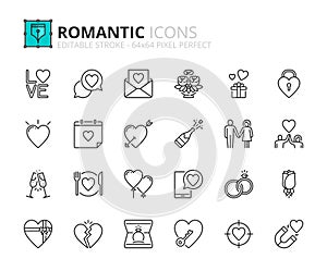 Line icons about romantic. Pixel perfect 64x64 and editable stroke