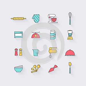 Line icons set in flat design. Elements of Cooking Foods and Kit