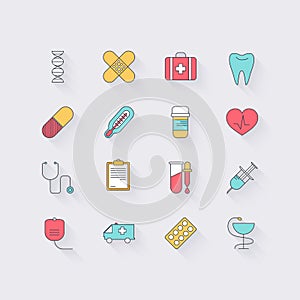 Line icons set in flat design. Elements of medicine, health, hos