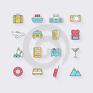 Line icons set in flat design. Elements of Vacation, Travel, Hot