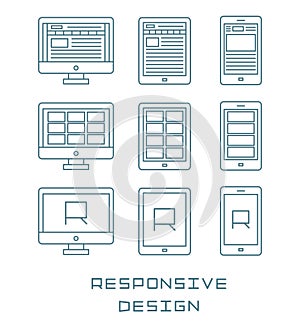 Line icons set flat design responsive web development service, website webpage user interface on different devices