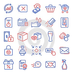 Line icons set. Included icon as Approved document, Brand ambassador, Rubber gloves. Vector