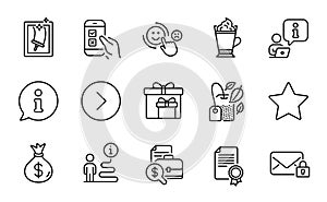 Line icons set. Included icon as Delivery boxes, Mobile survey, Money bag. Vector