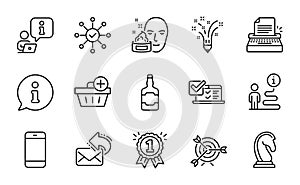 Line icons set. Included icon as Online survey, Whiskey bottle, Marketing strategy. Vector