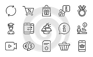 Line icons set. Included icon as Upload file, Shop cart, Holidays shopping. Vector