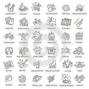 Hobbies and interest detailed line icons set in modern line icon style