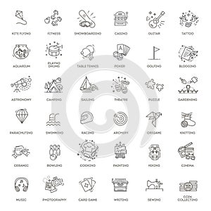 Hobbies and interest detailed line icons set in modern line icon style