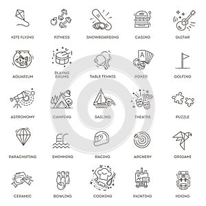 Hobbies and interest detailed line icons set in modern line icon style