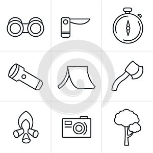Line Icons Style vector black camping theme set