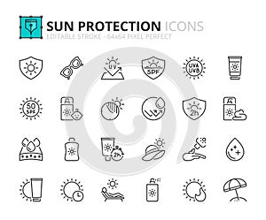 Line icons about sun protection. Pixel perfect 64x64 and editable stroke