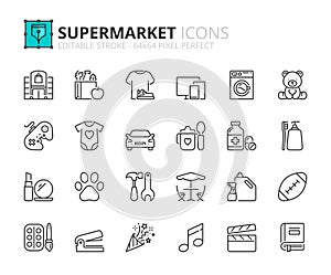 Line icons about supermarket. Pixel perfect 64x64 and editable stroke