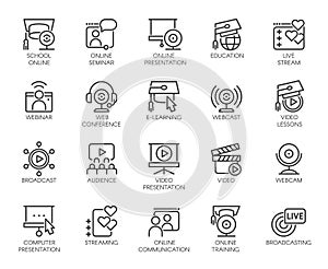 Line icons of webinars, online education. web conferences. Internet technologies and communications label series