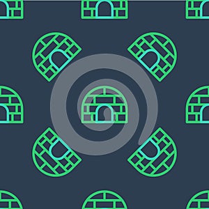 Line Igloo ice house icon isolated seamless pattern on blue background. Snow home, Eskimo dome-shaped hut winter shelter