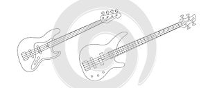 Line illustration of bass and electric guitars, simple drawing realistic detailed linear graphic