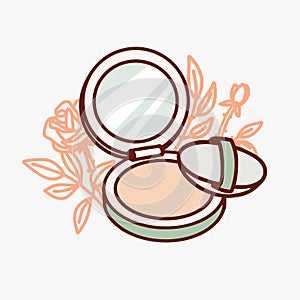 Line illustration makeup powder with mirror icon isolated. Vector handdraw icon with roses. Beauty decorative cosmetics sign
