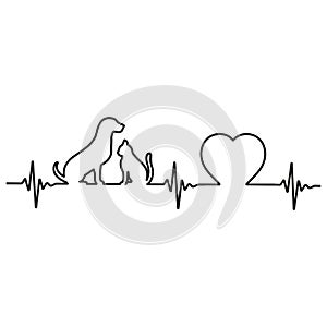 Line illustration of the pulse with dog and cat on white background