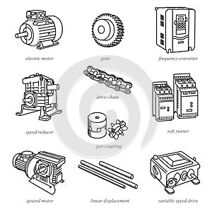 Line illustrations of drive technology like motors