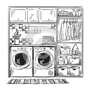 Line interior sketch, modern laundry room, black and white drawing