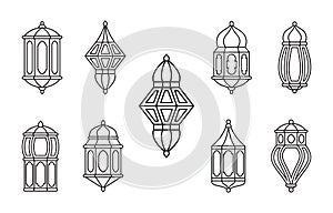 Line Islamic Arabic Lantern Symbol Icon Collection Set Isolated
