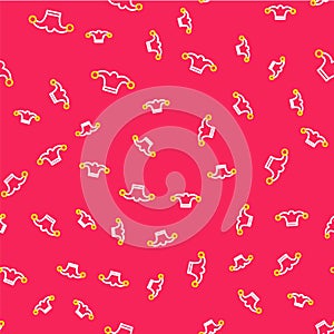 Line Jester hat with bells isolated seamless pattern on red background. Clown icon. Amusement park funnyman sign. Vector