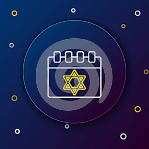 Line Jewish calendar with star of david icon isolated on blue background. Hanukkah calendar day. Colorful outline